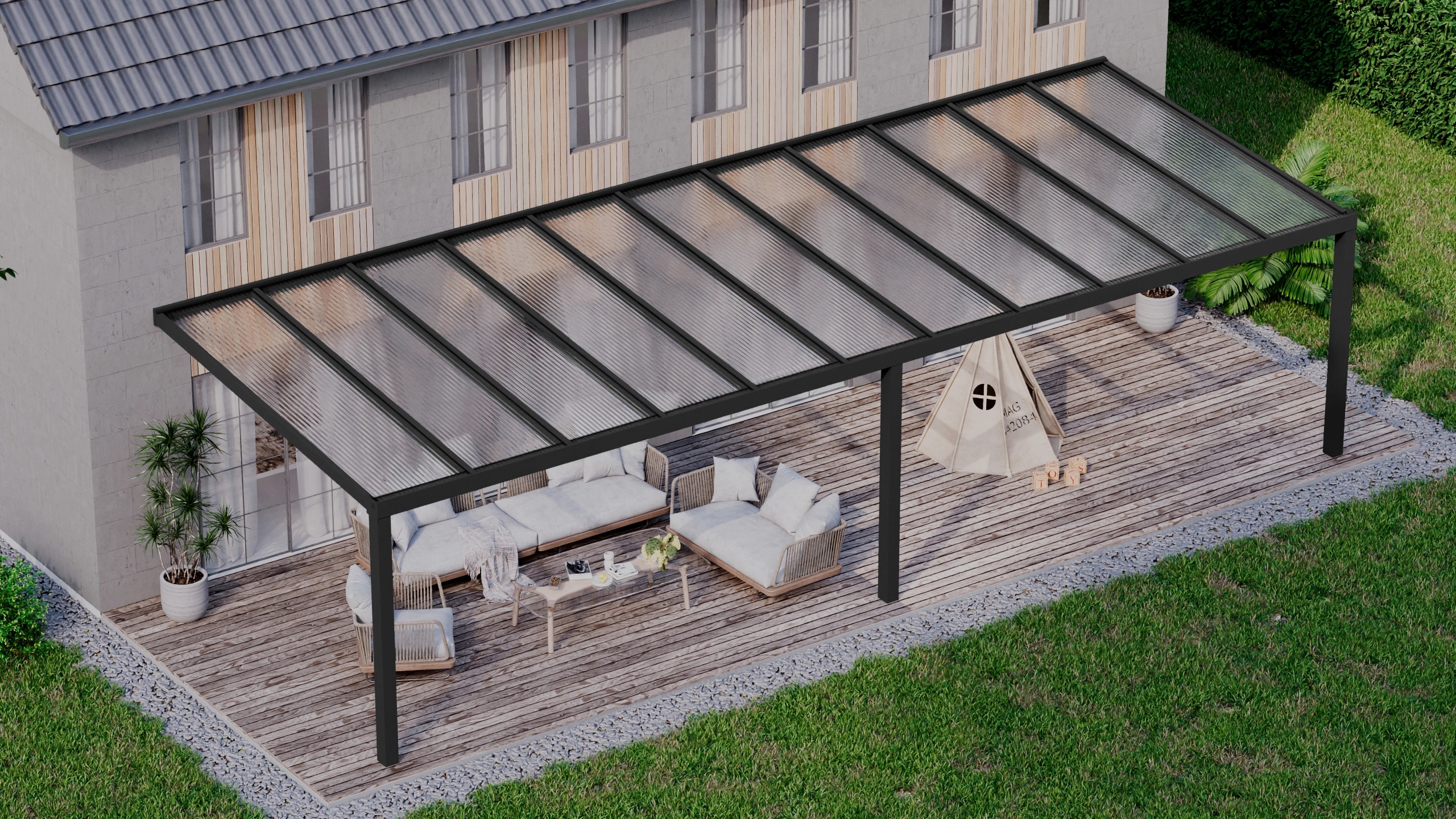Terrasoverkapping 11,06m x 4m Zwart RAL 9005 met polycarbonaat 16mm