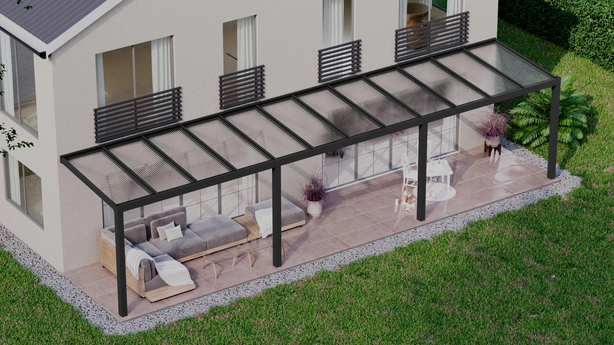 Terrasoverkapping 12,06m x 2,5m Zwart RAL 9005 met polycarbonaat 16mm