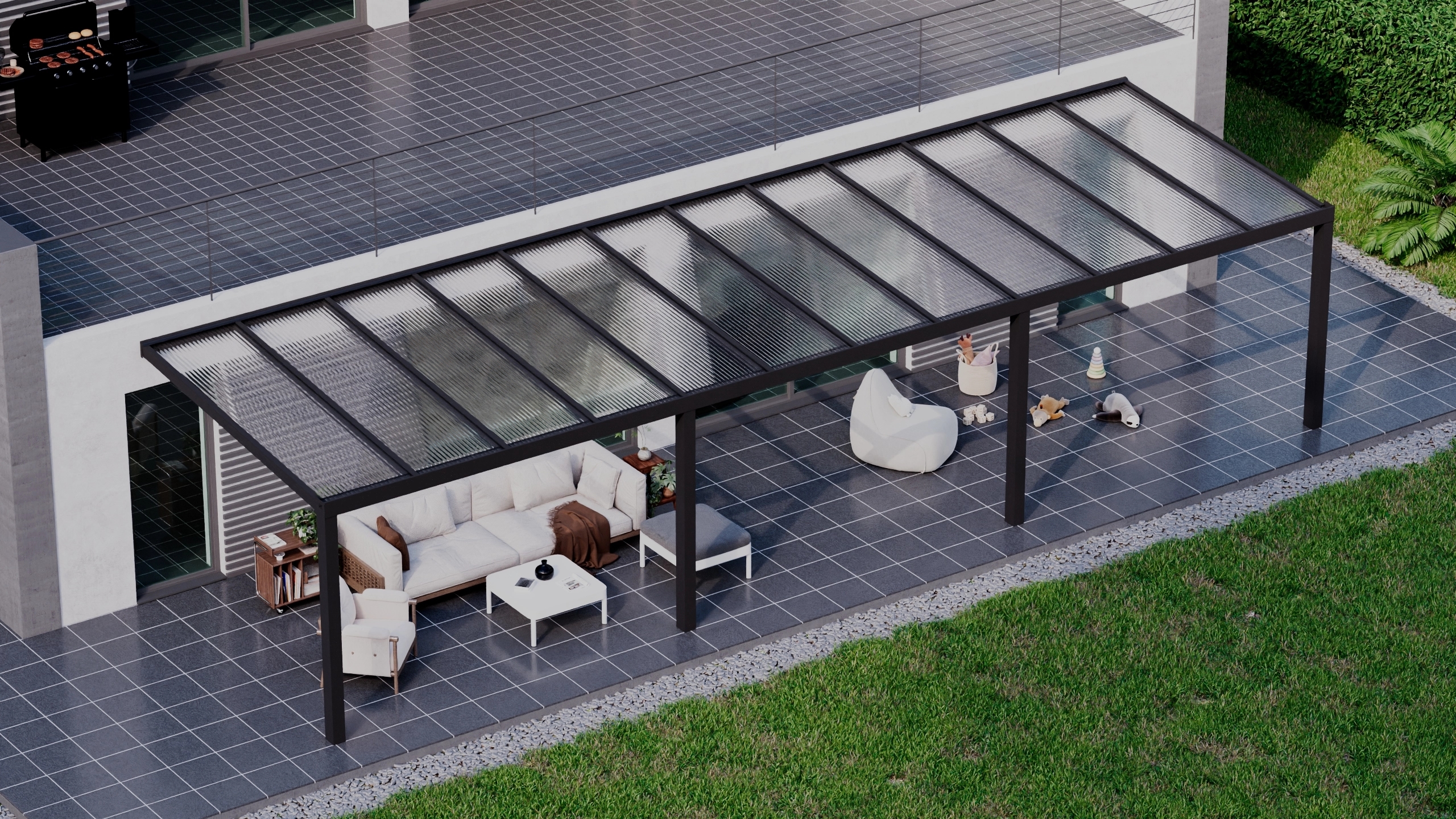 Terrasoverkapping 12,06m x 3,5m Zwart RAL 9005 met polycarbonaat 16mm