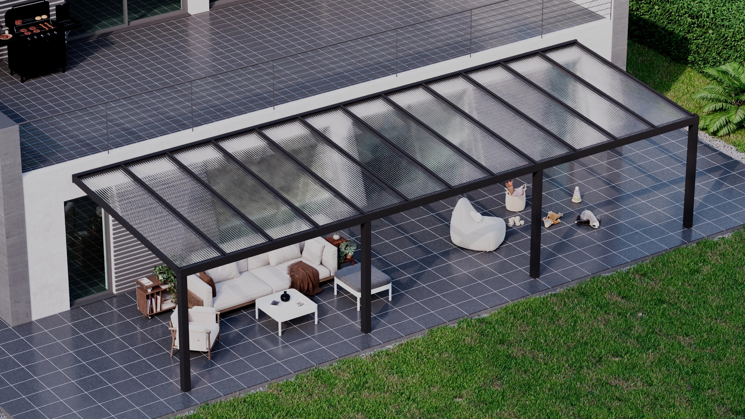 Terrasoverkapping 12,06m x 4m Zwart RAL 9005 met polycarbonaat 16mm