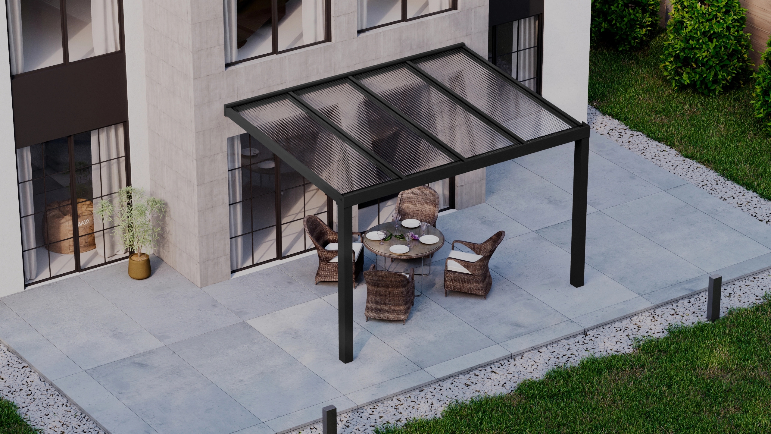 Terrasoverkapping 4,06m x 3m Zwart RAL 9005 met polycarbonaat 16mm