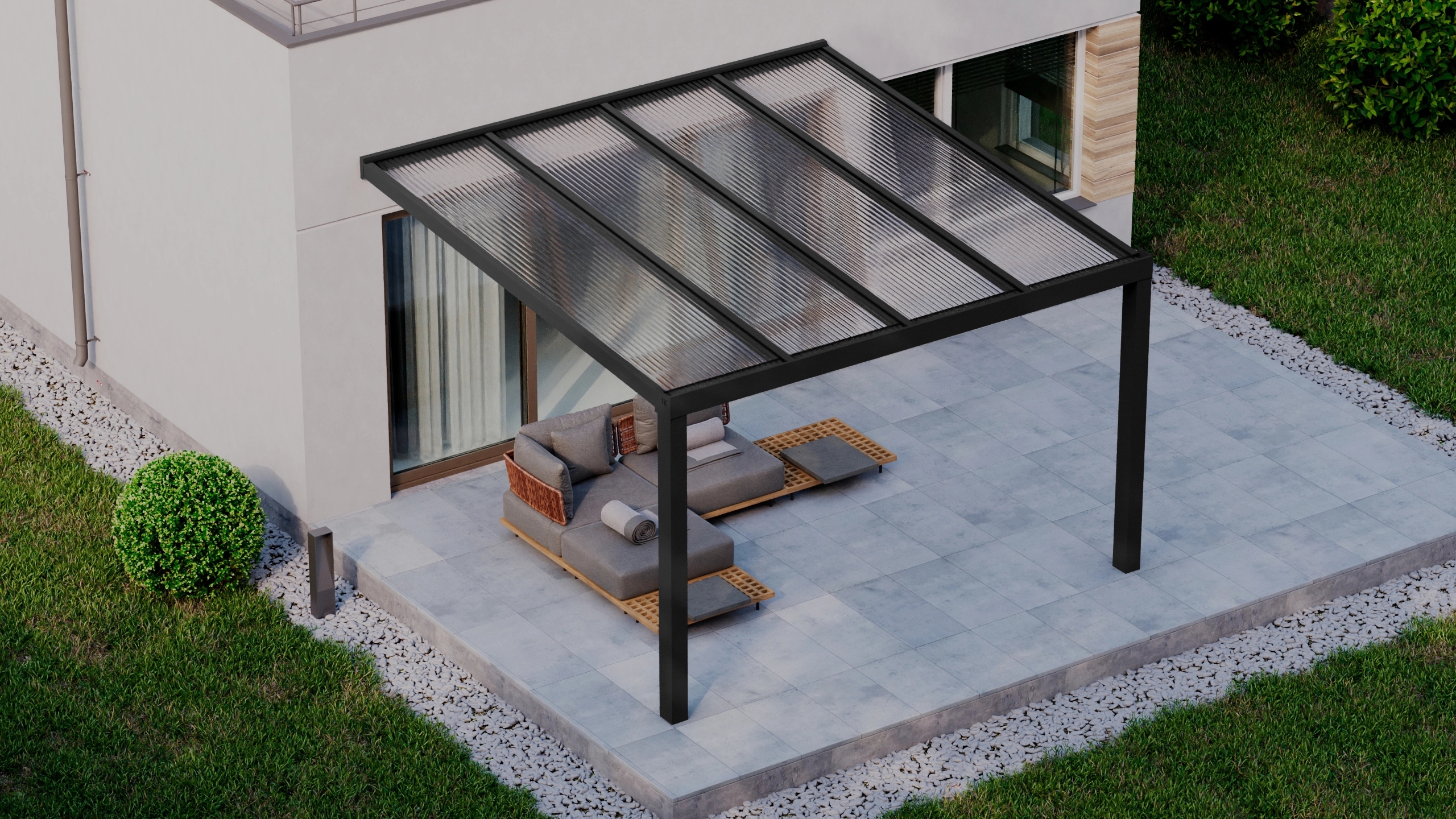 Terrasoverkapping 4,06m x 4m Zwart RAL 9005 met polycarbonaat 16mm