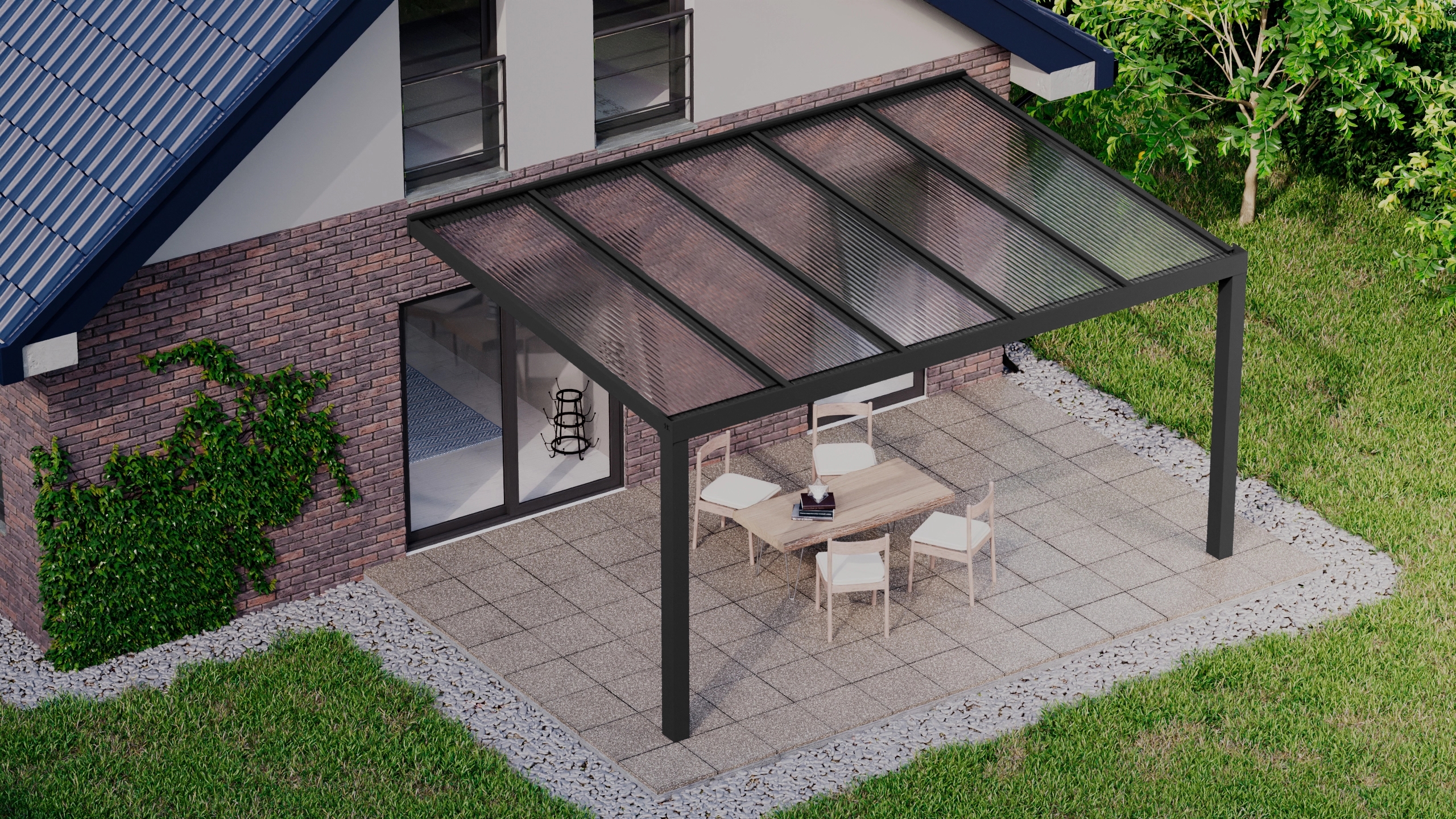 Terrasoverkapping 5,06m x 3,5m Zwart RAL 9005 met polycarbonaat 16mm