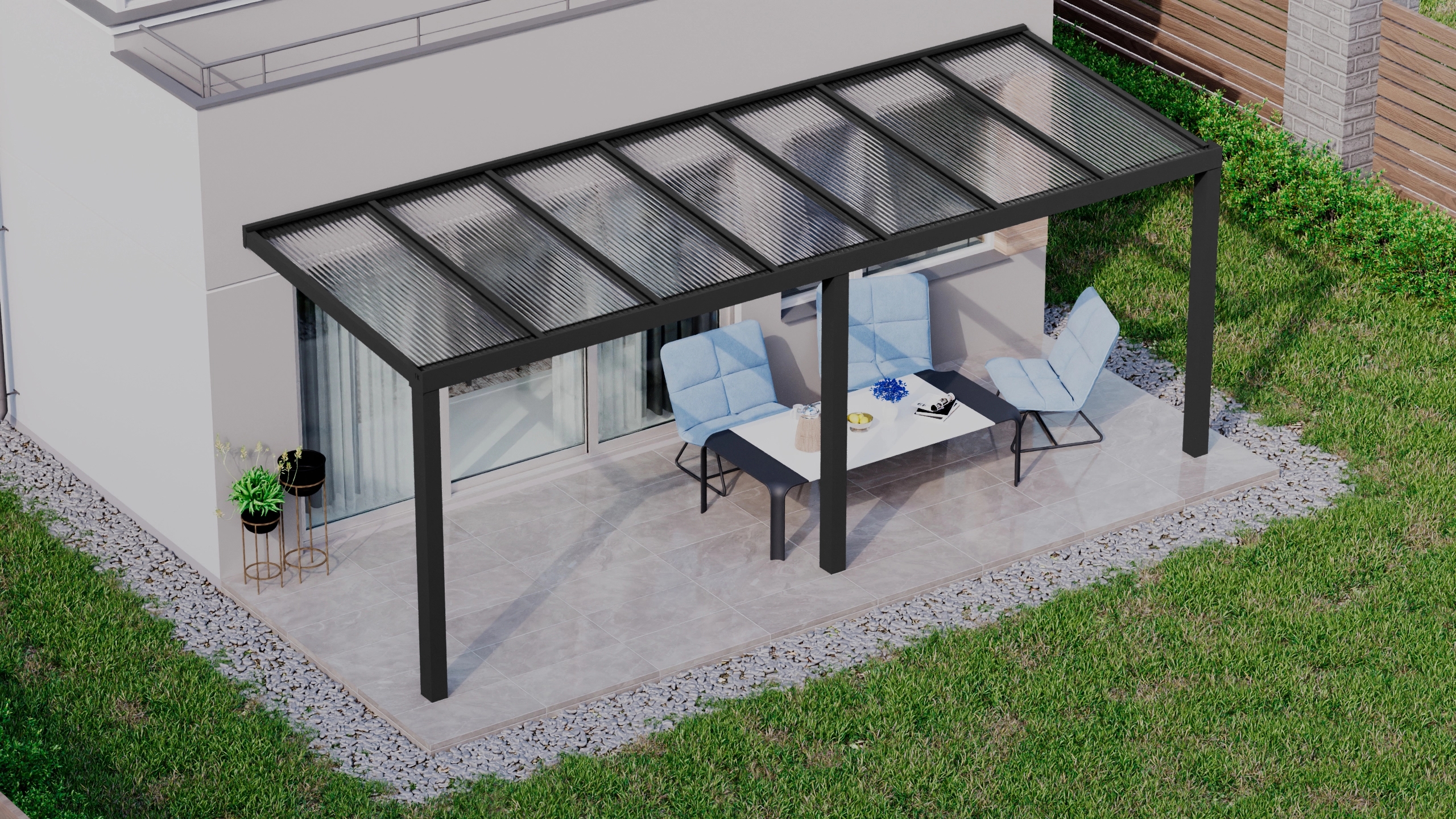 Terrasoverkapping 7,06m x 2,5m Zwart RAL 9005 met polycarbonaat 16mm
