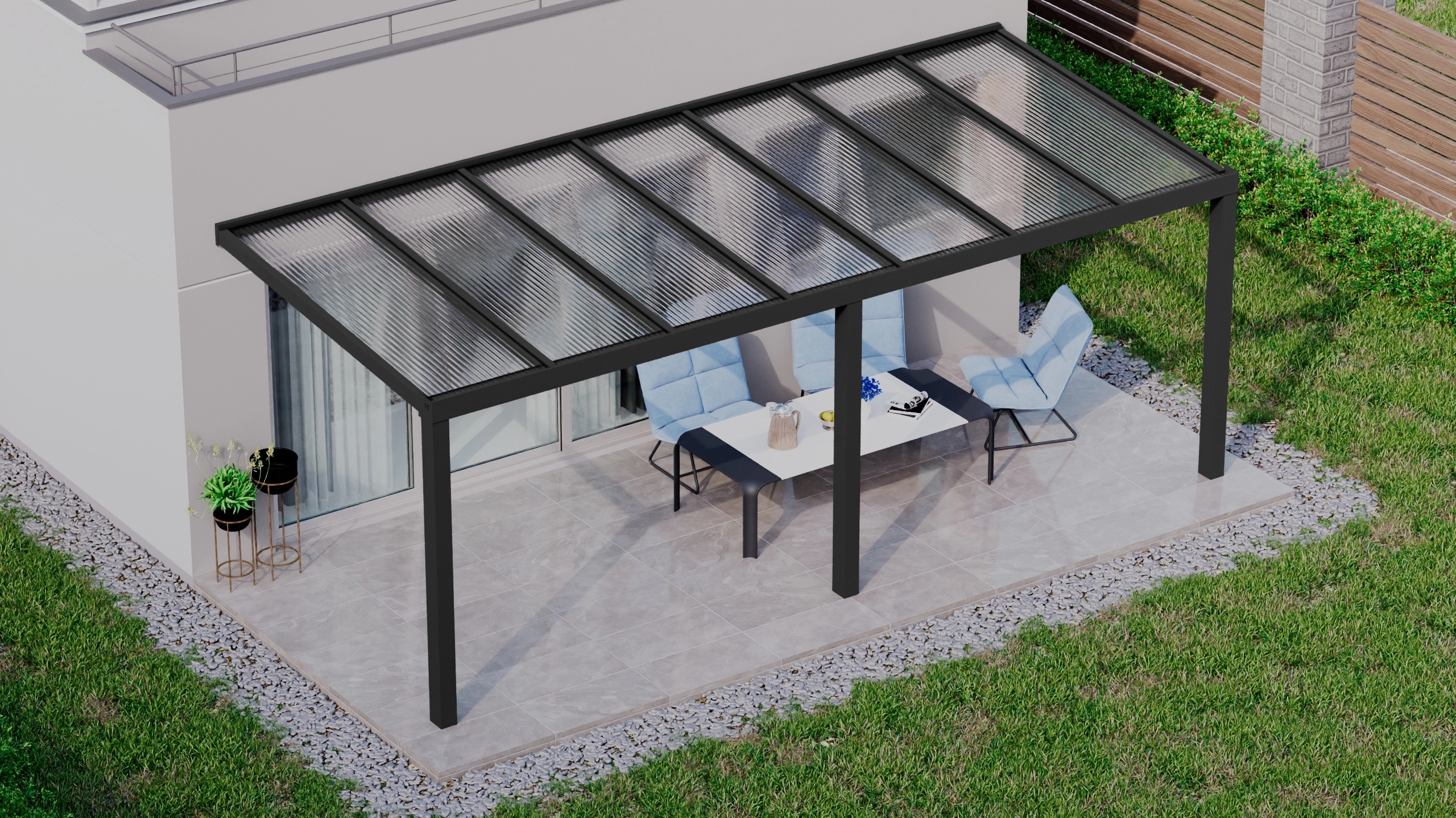 Terrasoverkapping 7,06m x 3m Zwart RAL 9005 met polycarbonaat 16mm
