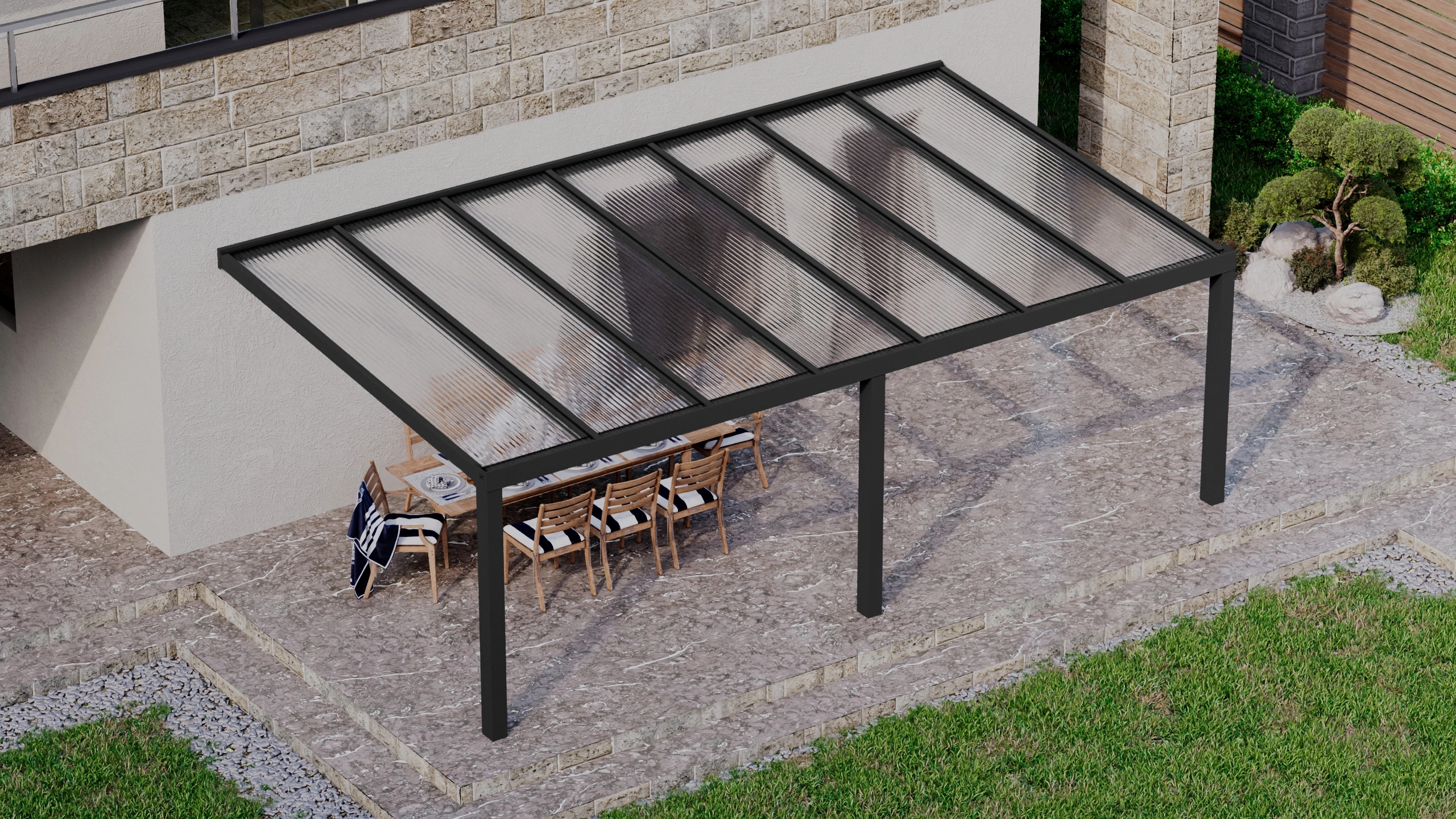 Terrasoverkapping 7,06m x 4m Zwart RAL 9005 met polycarbonaat 16mm