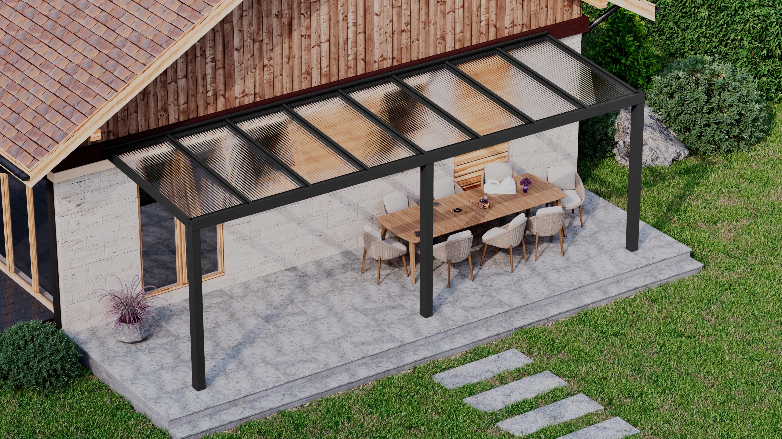 Terrasoverkapping 8,06m x 2,5m Zwart RAL 9005 met polycarbonaat 16mm