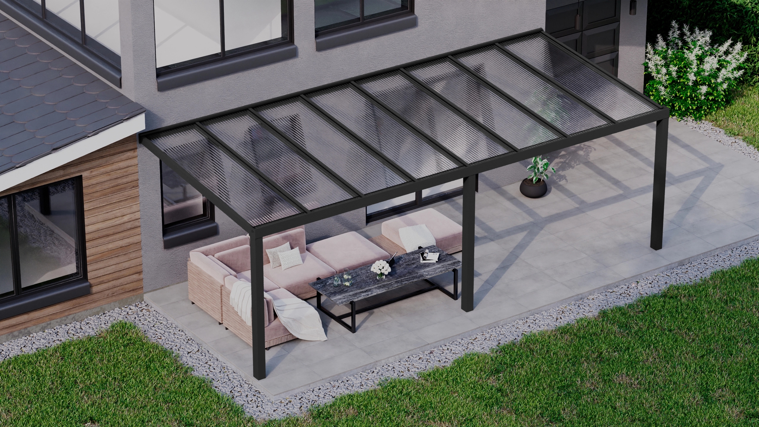 Terrasoverkapping 8,06m x 3,5m Zwart RAL 9005 met polycarbonaat 16mm