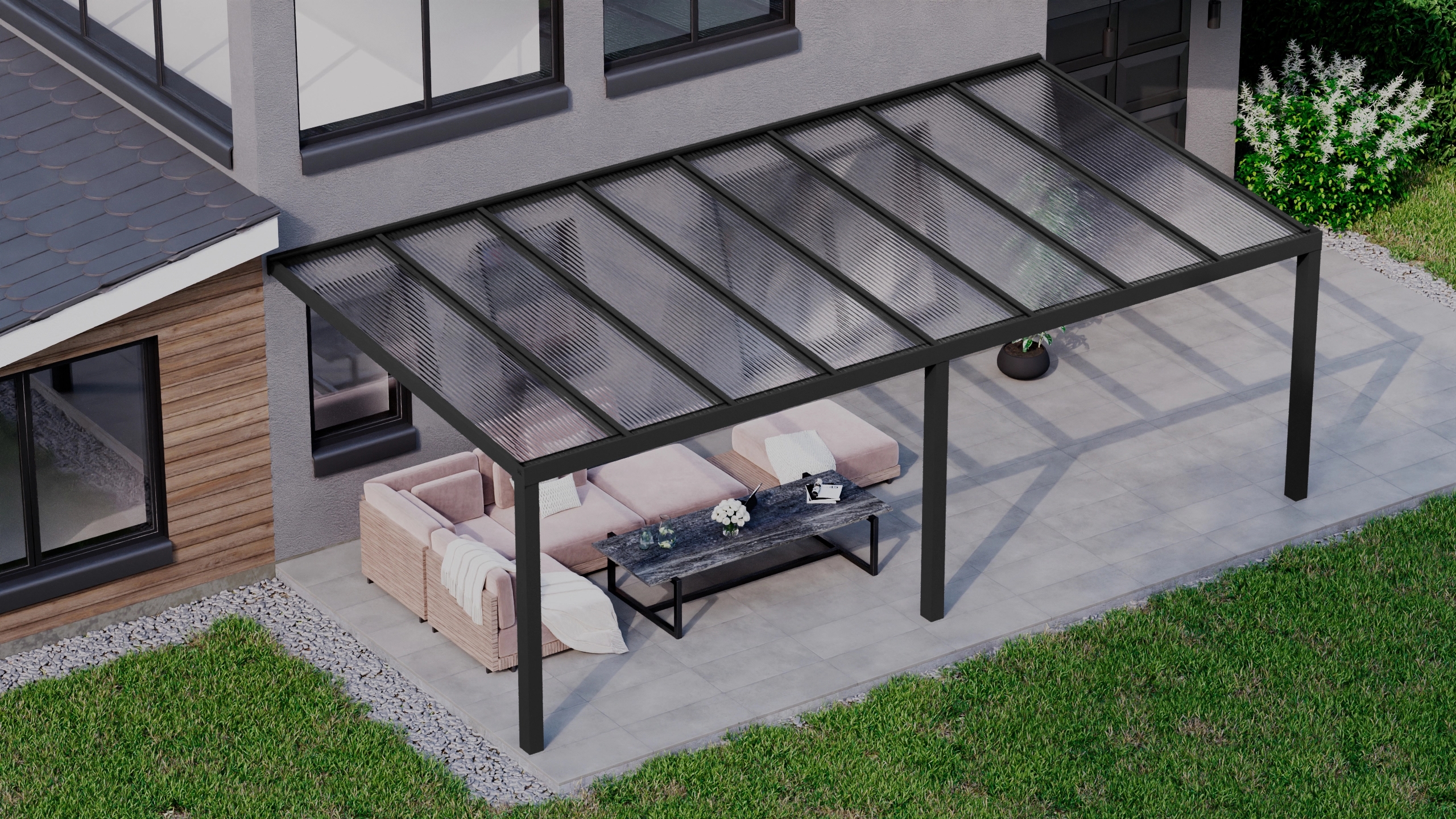 Terrasoverkapping 8,06m x 4m Zwart RAL 9005 met polycarbonaat 16mm