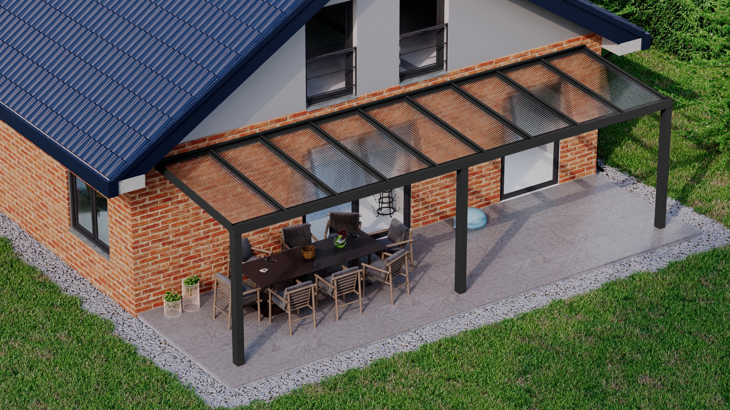 Terrasoverkapping 9,06m x 2,5m Zwart RAL 9005 met polycarbonaat 16mm