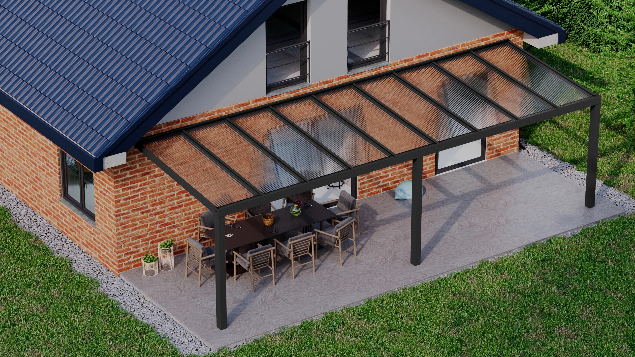 Terrasoverkapping 9,06m x 3m Zwart RAL 9005 met polycarbonaat 16mm