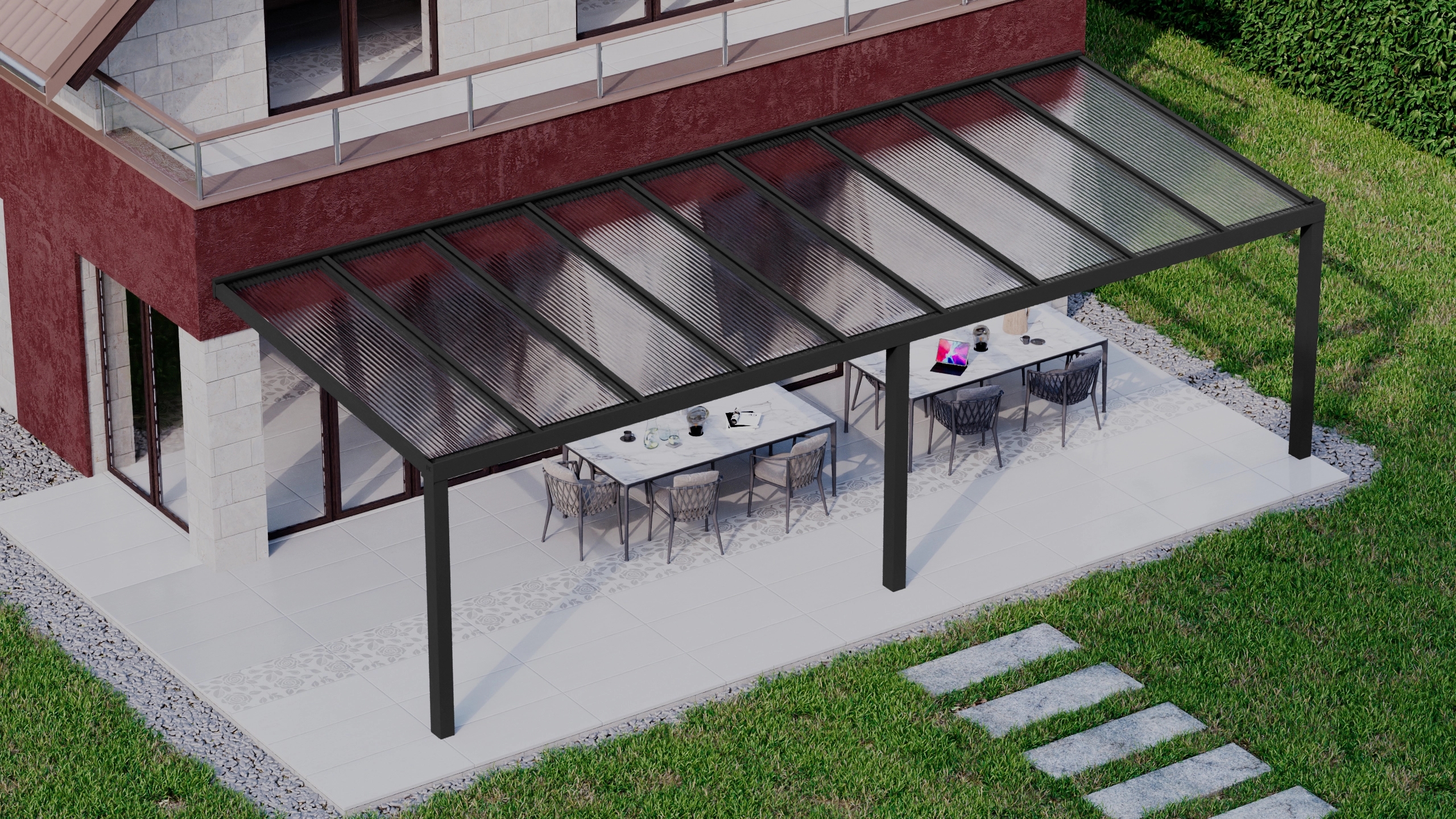 Terrasoverkapping 9,06m x 3,5m Zwart RAL 9005 met polycarbonaat 16mm