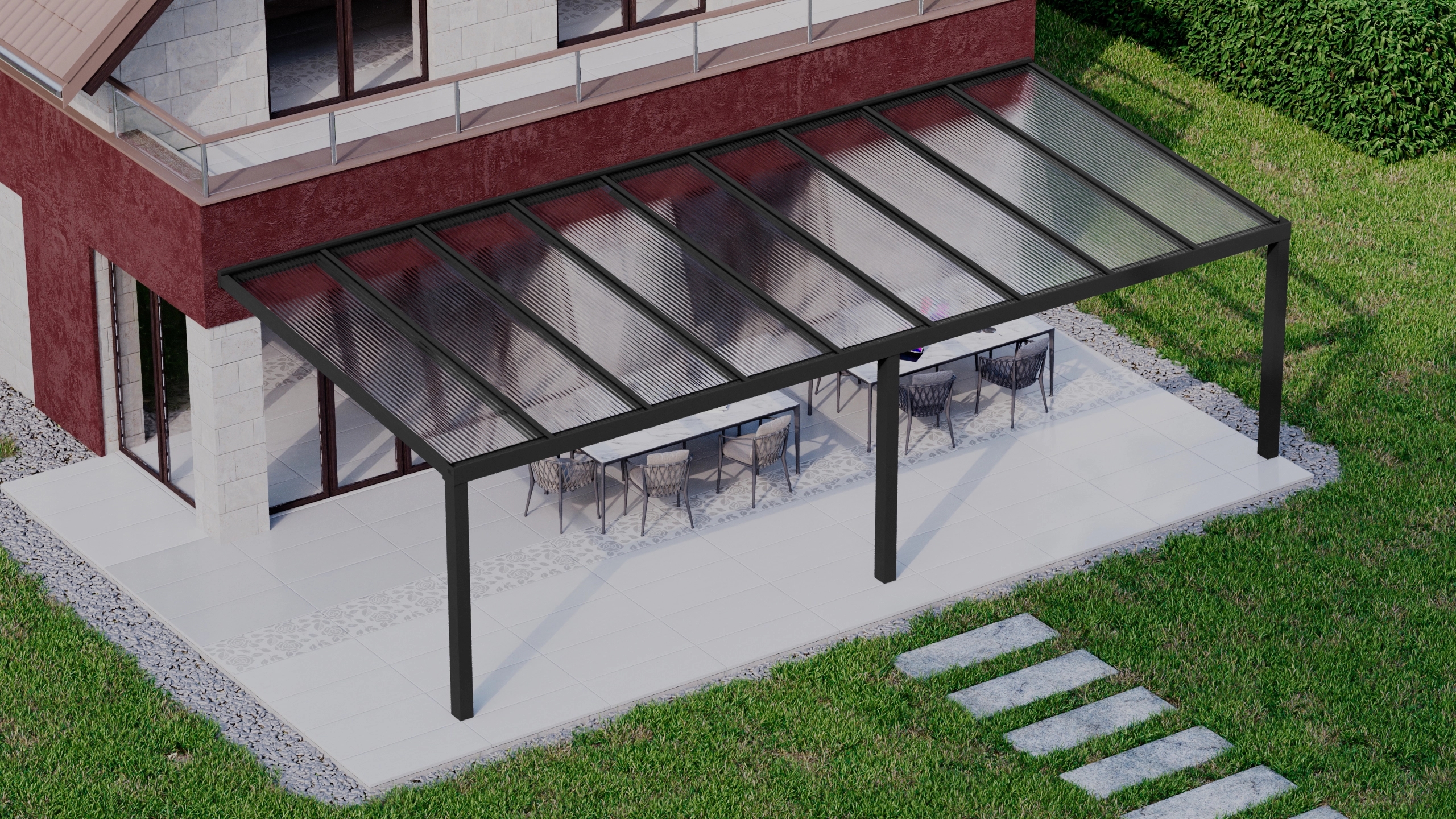 Terrasoverkapping 9,06m x 4m Zwart RAL 9005 met polycarbonaat 16mm
